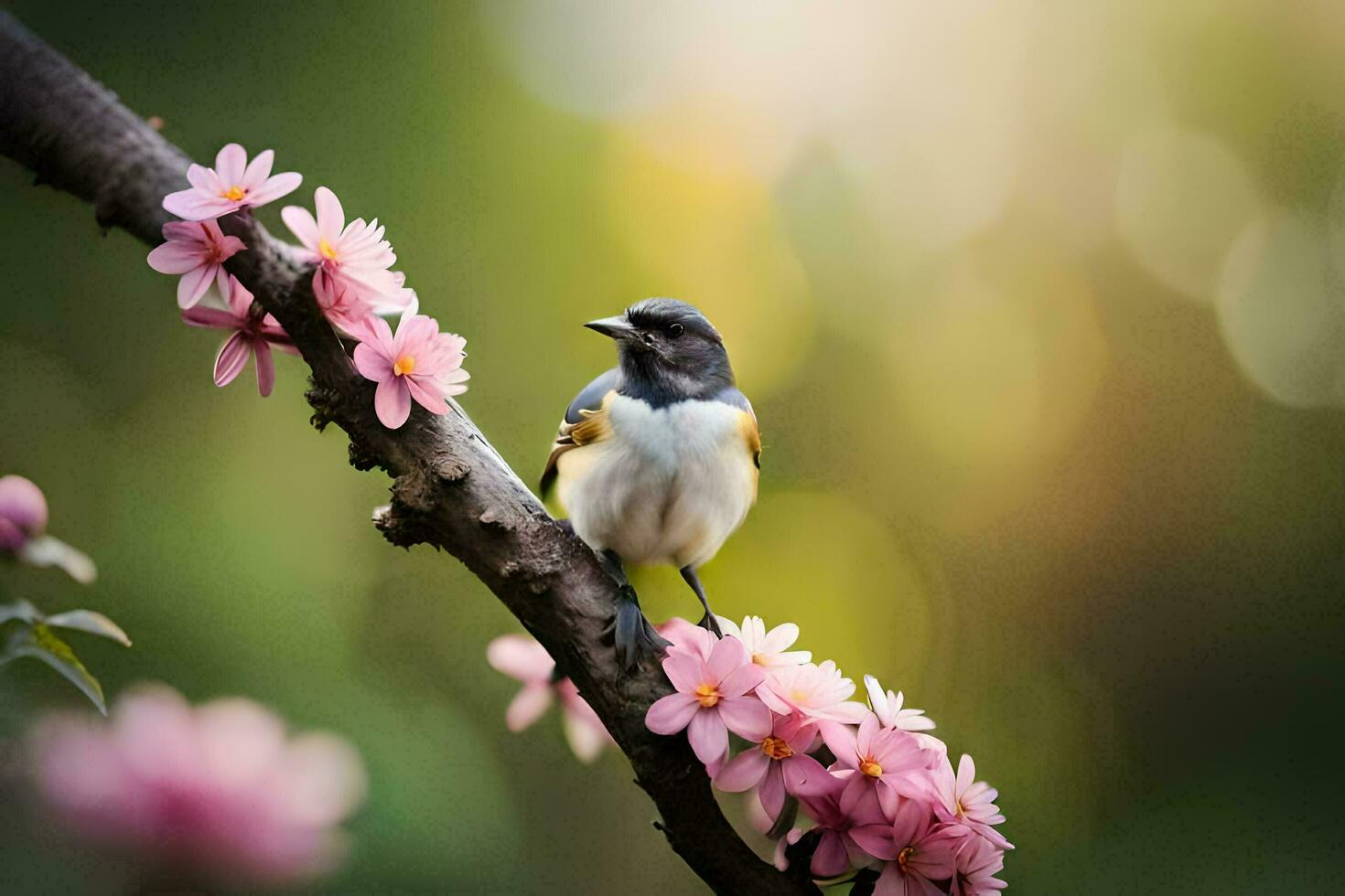 a bird sits on a branch with pink flowers. AI-Generated photo