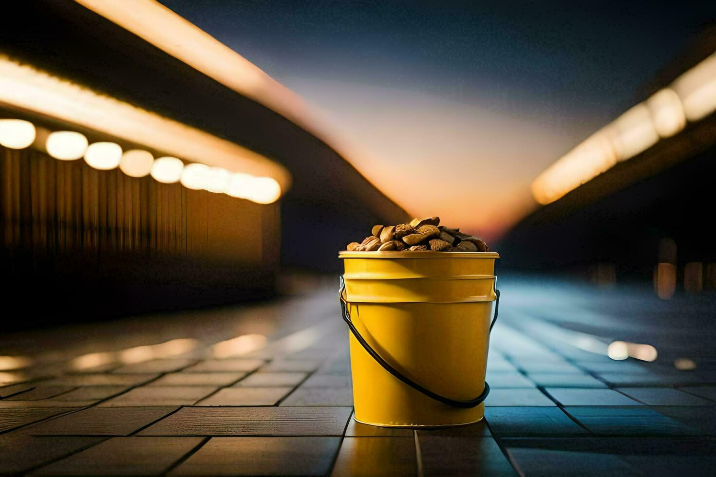 a yellow bucket sitting on a sidewalk with a blurry background. AI-Generated photo