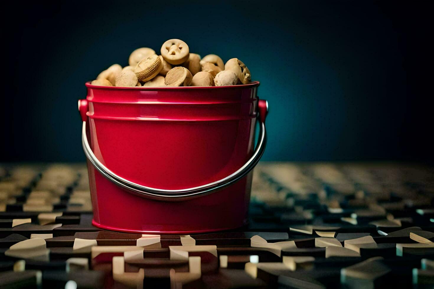 a red bucket filled with peanuts on a table. AI-Generated photo