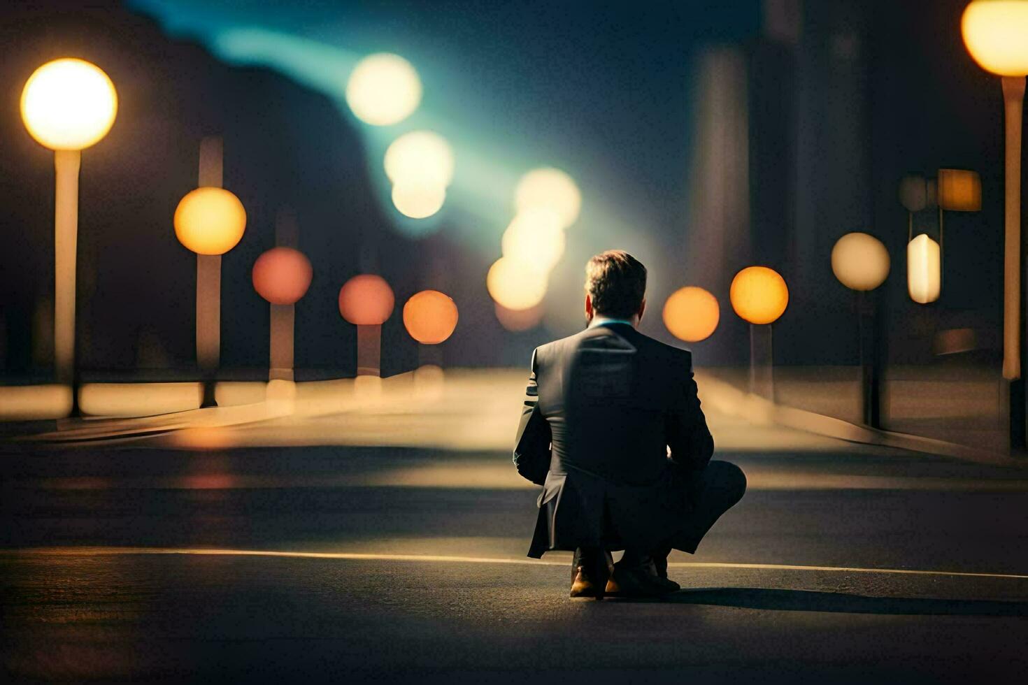 a man in a suit sits on the street at night. AI-Generated photo
