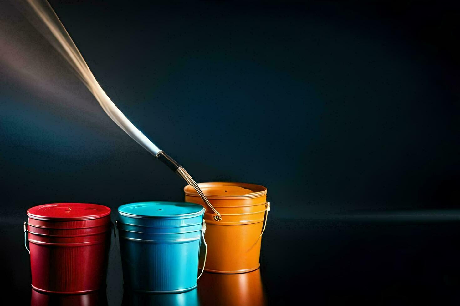 three colorful buckets with smoke coming out of them. AI-Generated photo