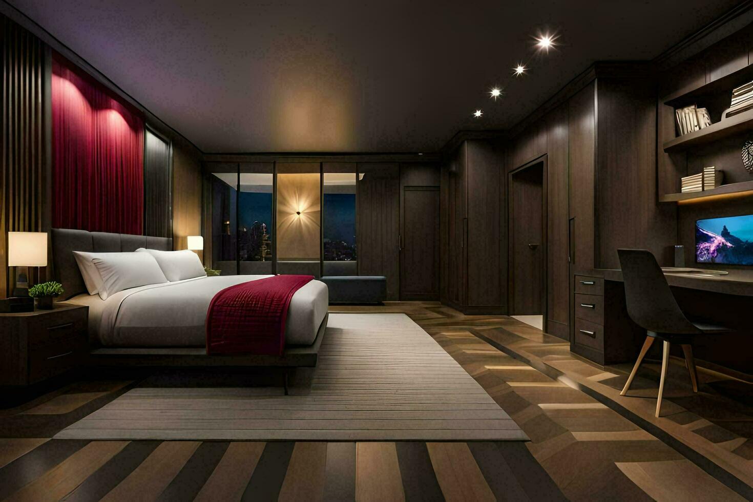 un moderno dormitorio con un cama, escritorio y televisión. generado por ai foto