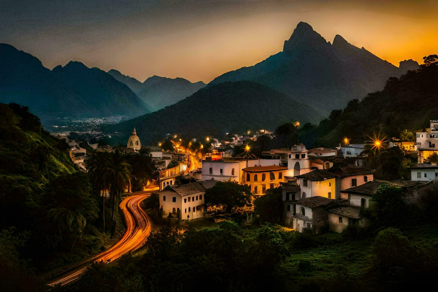 un pueblo en el montañas a puesta de sol. generado por ai foto