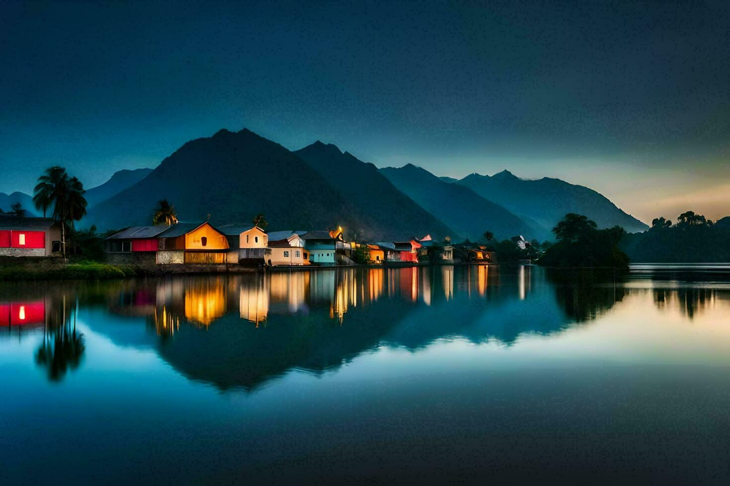 houses on the water at dusk with mountains in the background. AI-Generated photo