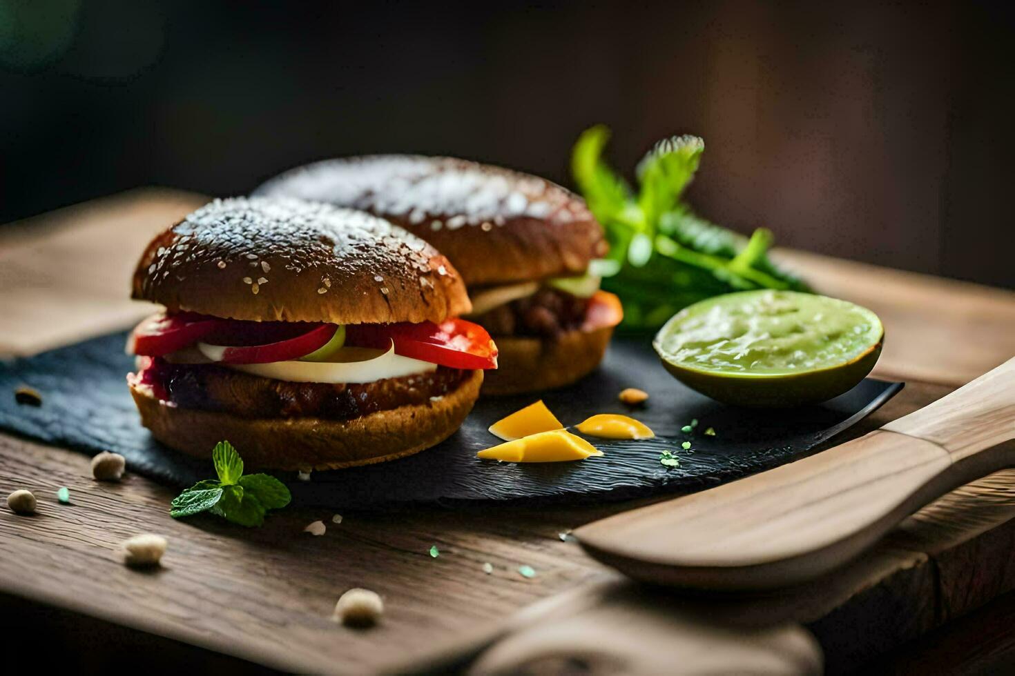 two hamburgers on a black slate with a knife and a wooden spoon. AI-Generated photo