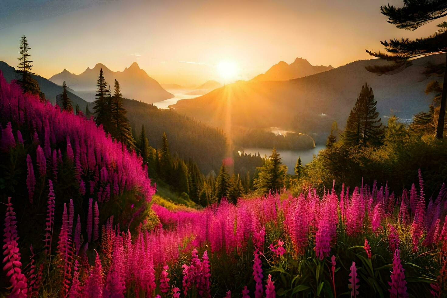 the sun rises over the mountains and flowers in the foreground. AI-Generated photo