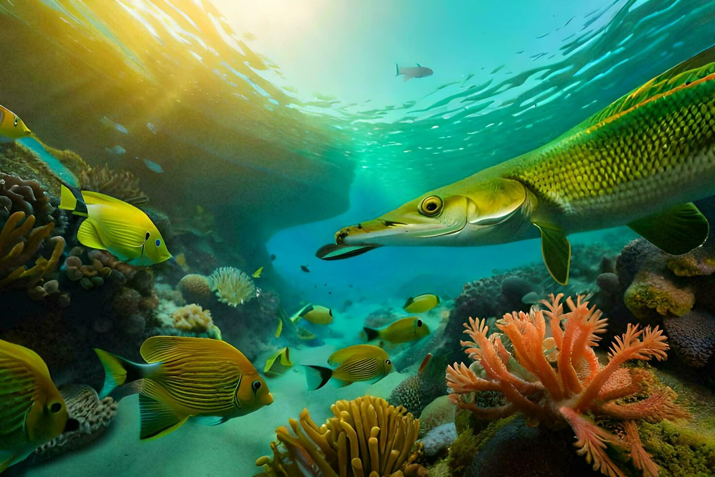 a fish swimming in the ocean with coral and fish. AI-Generated photo