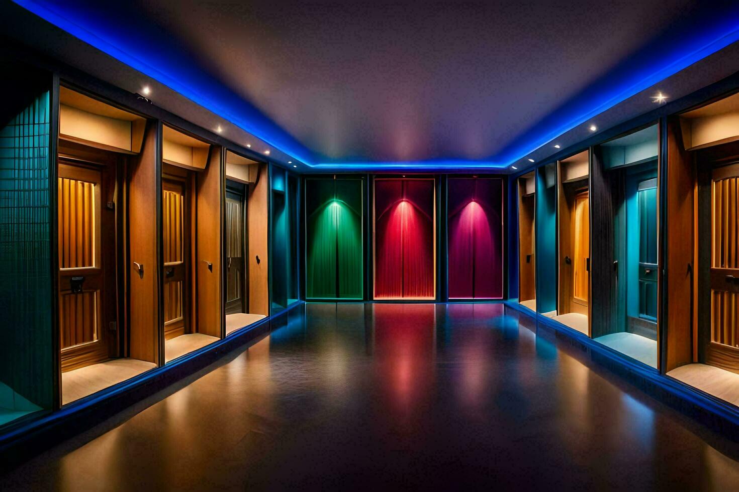 the hallway has a row of doors with colorful lights. AI-Generated photo