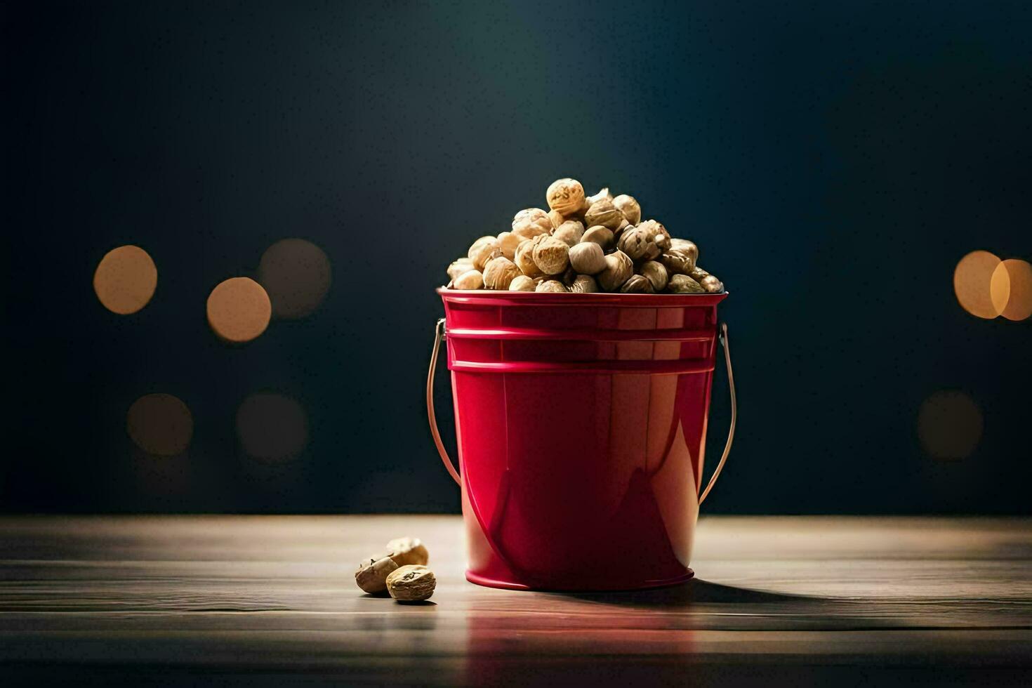 a red bucket filled with peanuts on a wooden table. AI-Generated photo