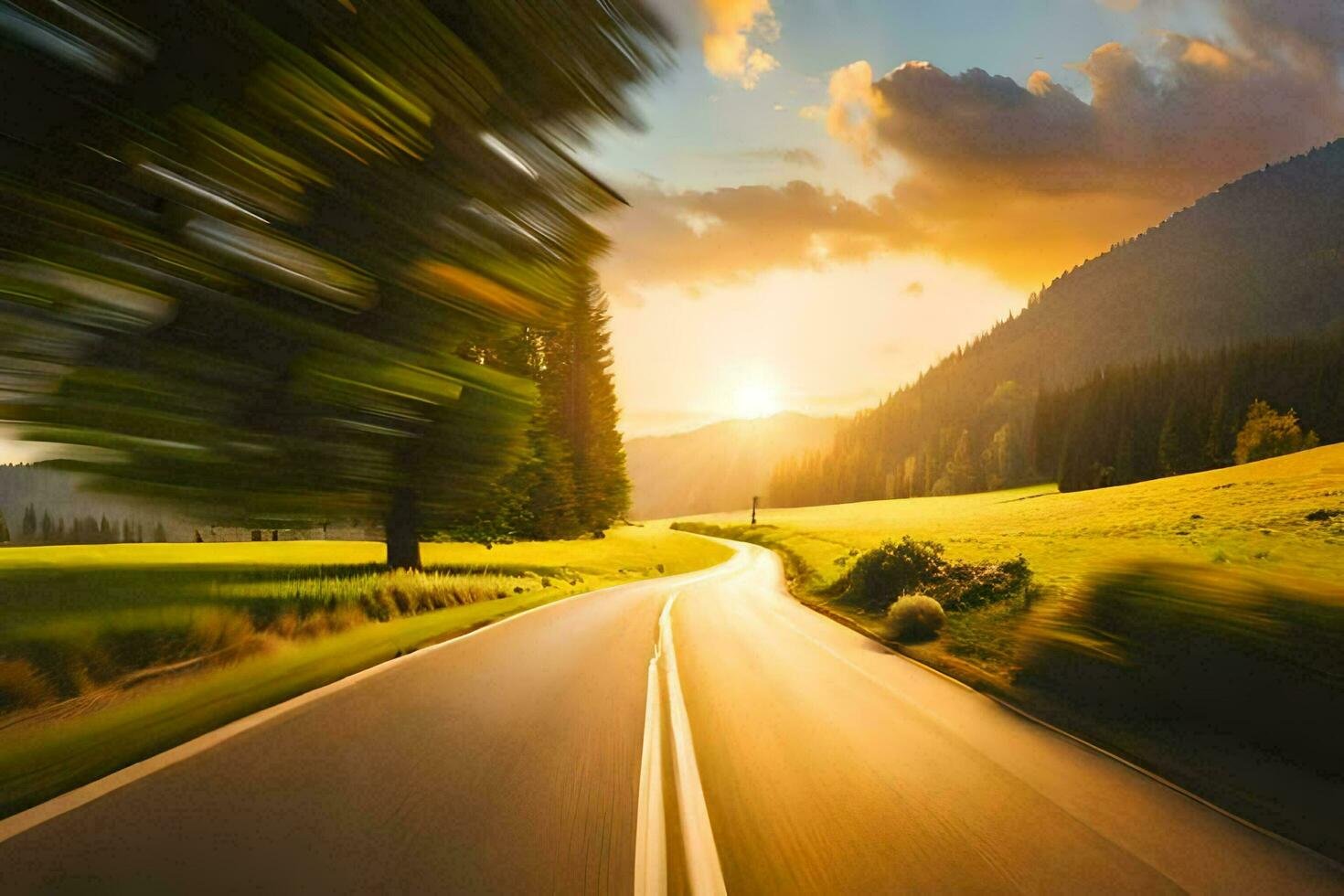 a road in the mountains with a sun setting behind it. AI-Generated photo