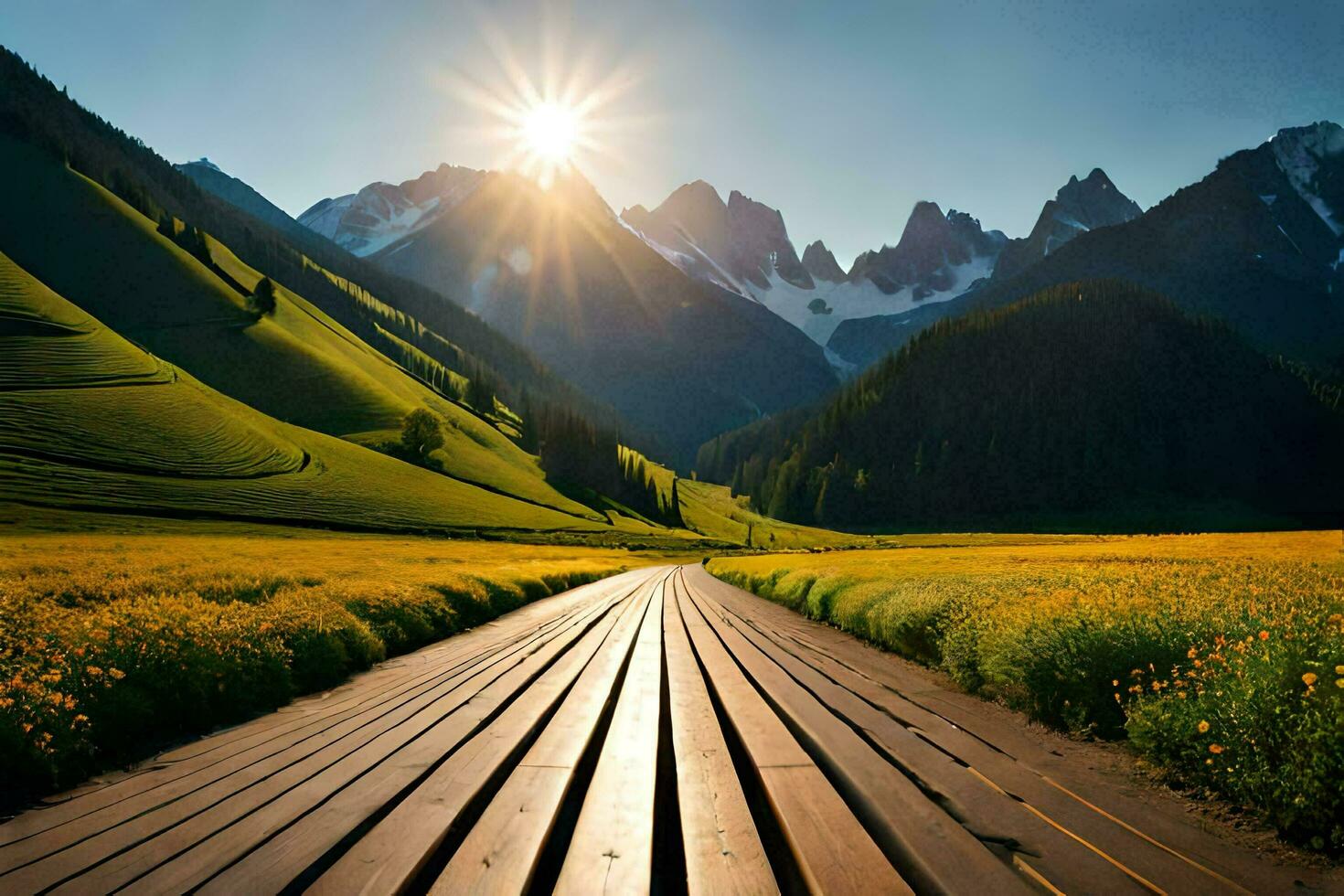 the sun shines over a wooden boardwalk in a field. AI-Generated photo