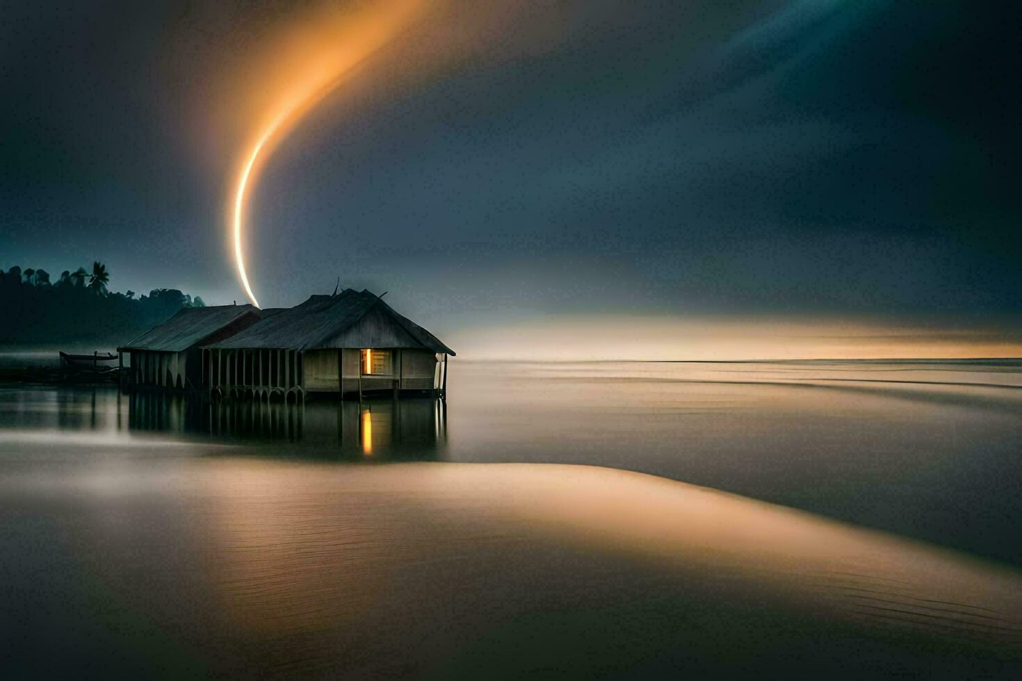 a house on the water with a long exposure. AI-Generated photo