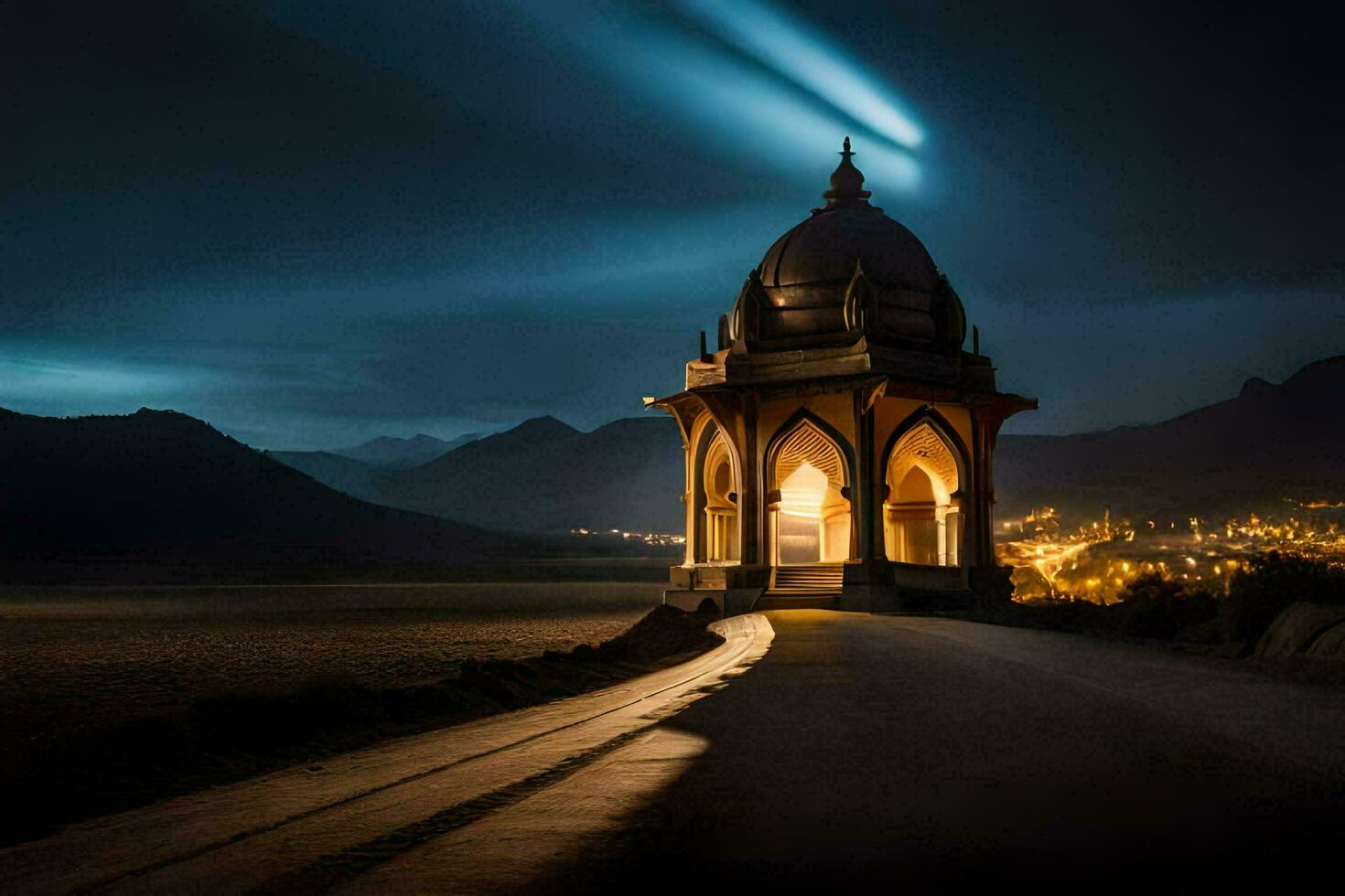 a gazebo at night in the middle of a lake. AI-Generated photo