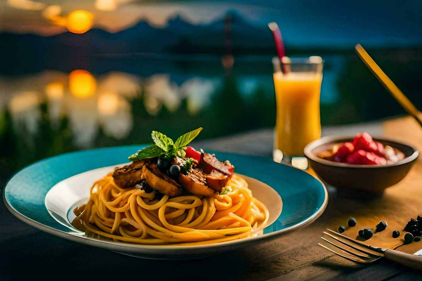 a plate of spaghetti with meat and vegetables on a table with a view of the lake. AI-Generated photo