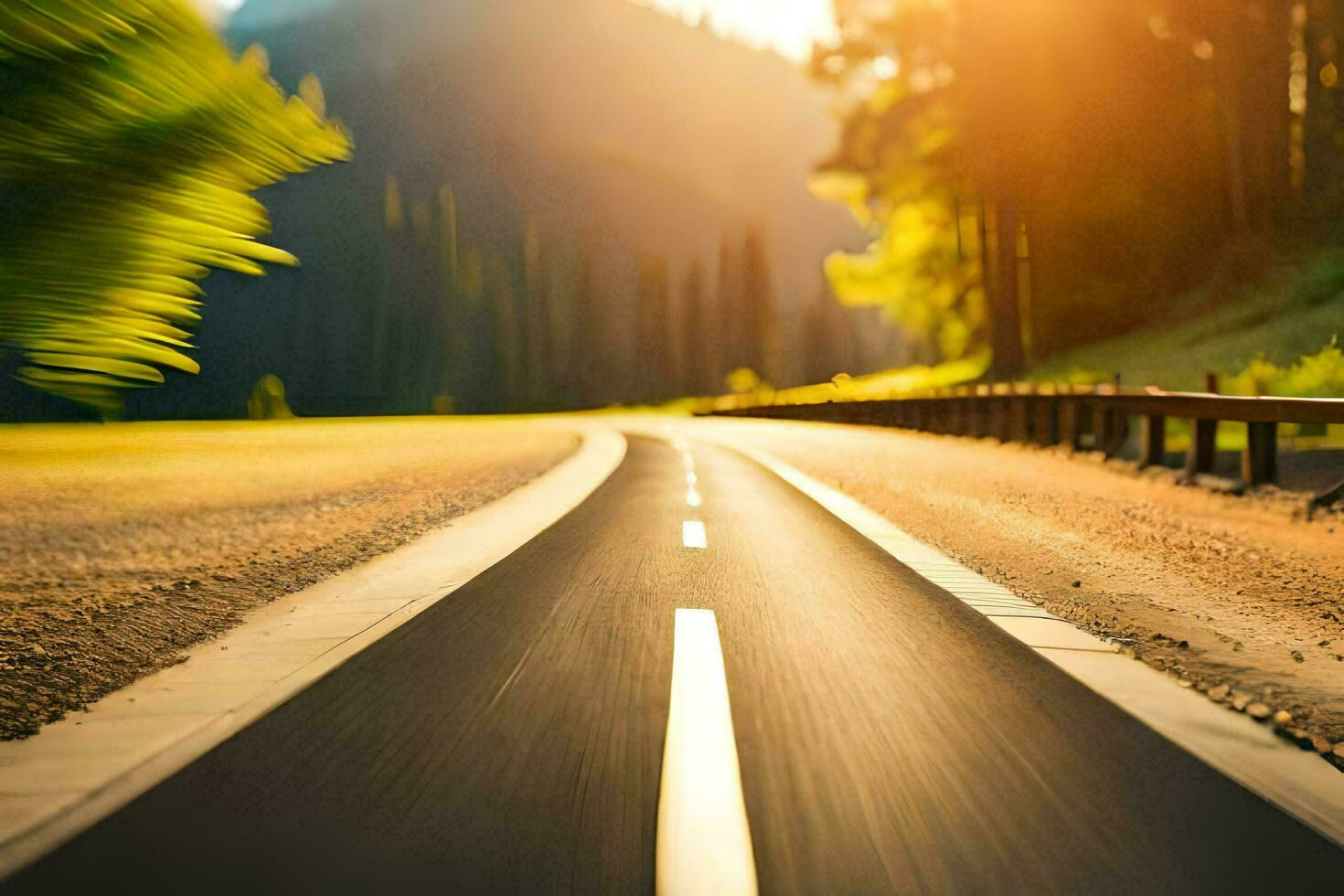 un la carretera con un coche conducción abajo él. generado por ai foto