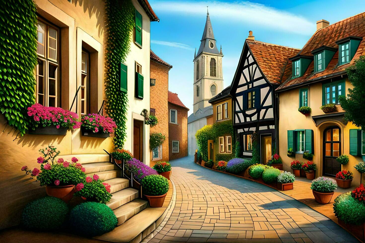 a painting of a street with flowers and buildings. AI-Generated photo