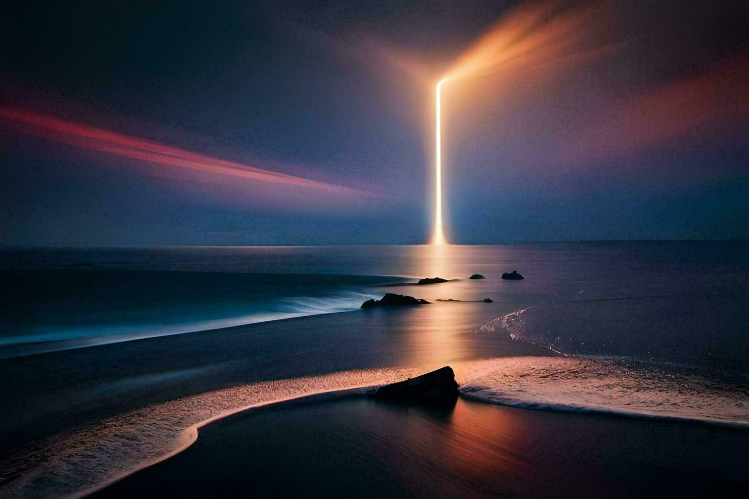 a long exposure photograph of a light beam shining on the ocean. AI-Generated photo