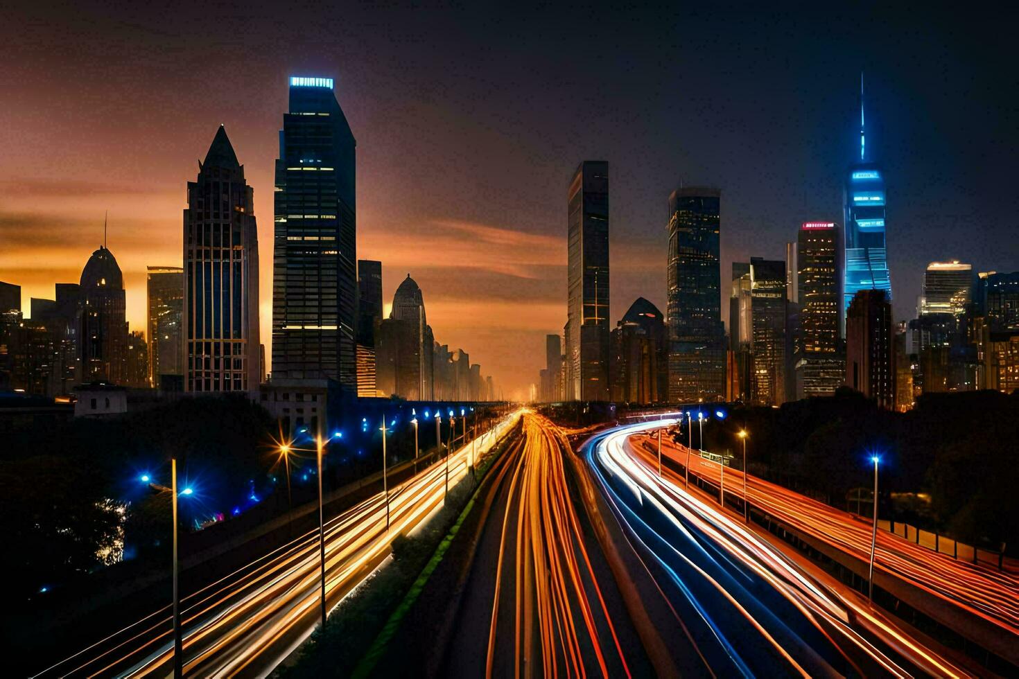 un ciudad horizonte a noche con tráfico luces. generado por ai foto