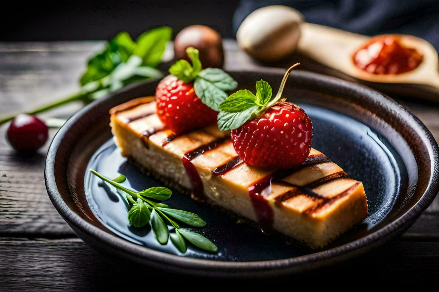cheesecake with strawberries and cherries on a black plate. AI-Generated photo