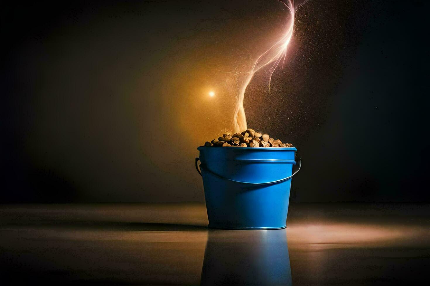 a bucket filled with nuts and a light coming out of it. AI-Generated photo