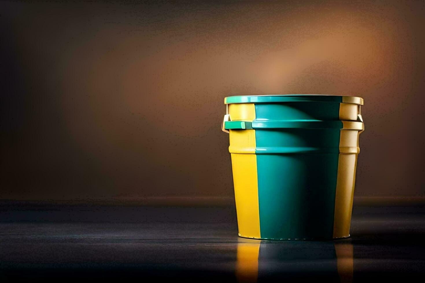 a green and yellow bucket sitting on a table. AI-Generated photo