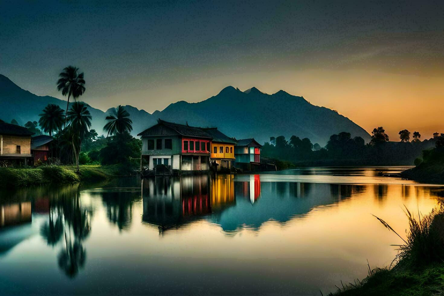 a river with houses and mountains in the background. AI-Generated photo