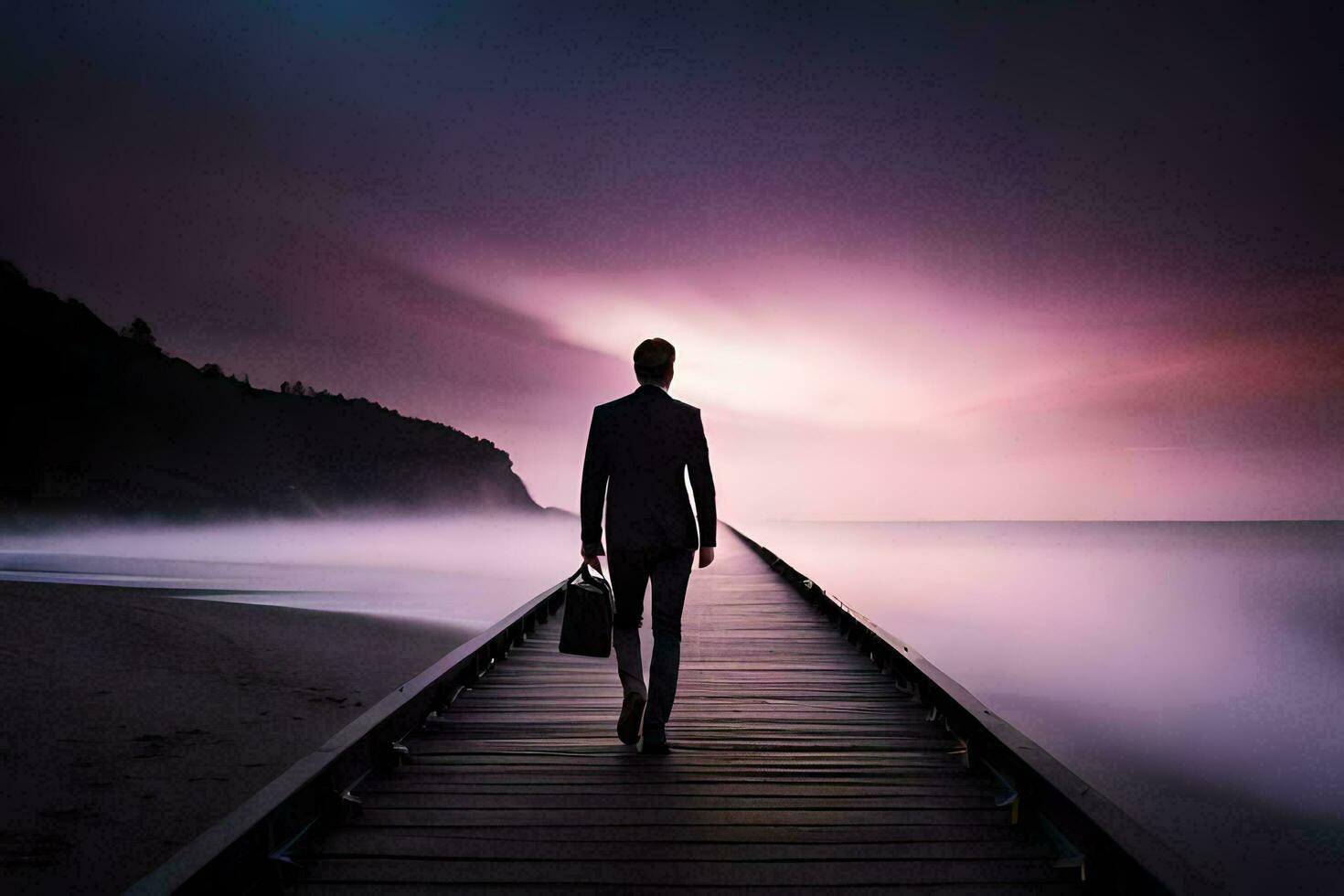 a man in a suit walks along a pier into the ocean. AI-Generated photo