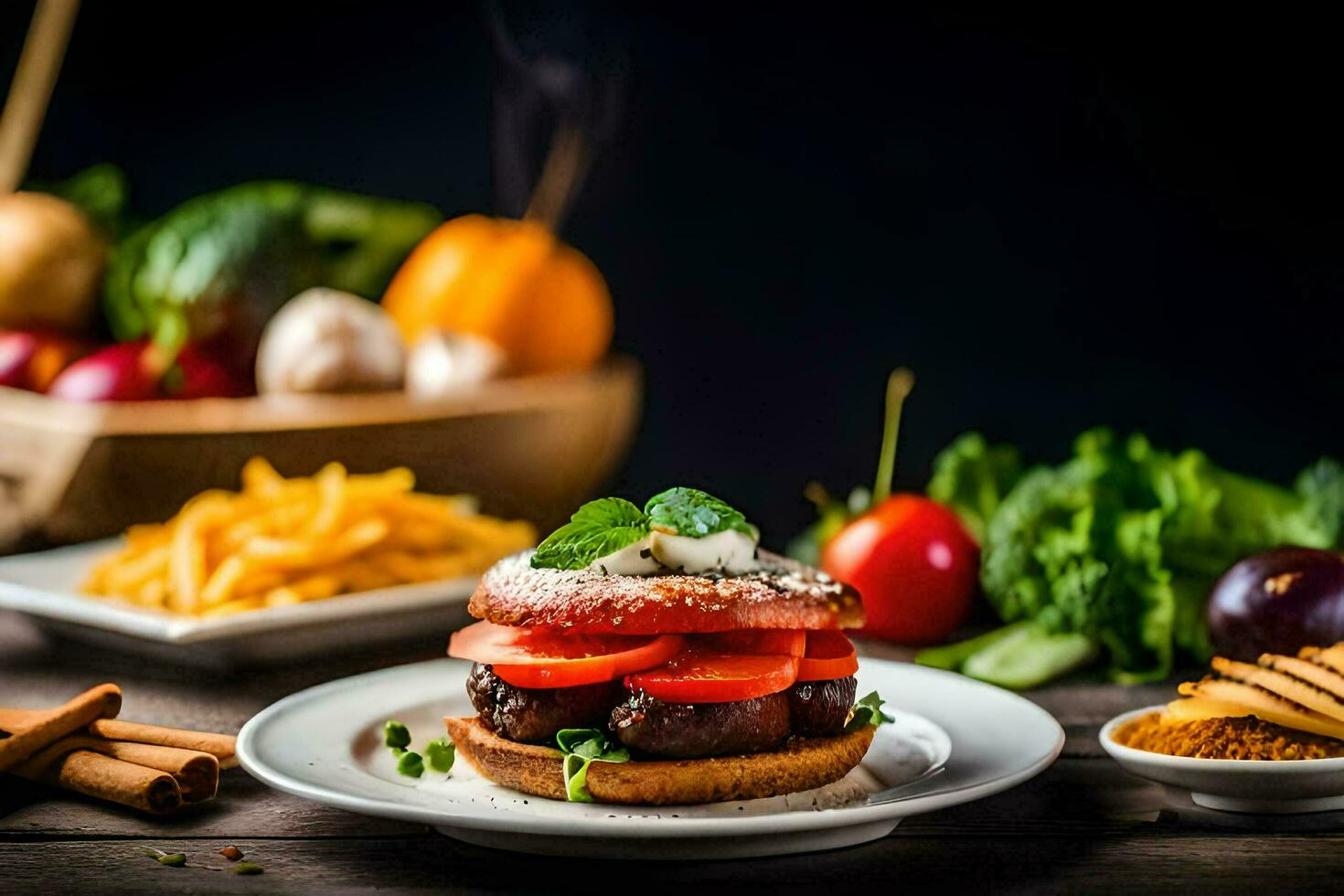a hamburger with vegetables and other ingredients. AI-Generated photo