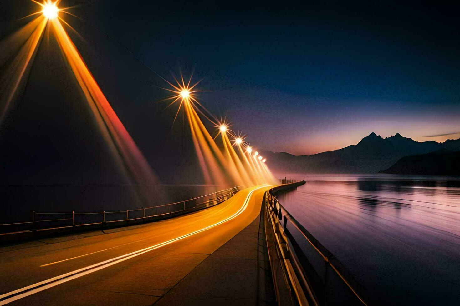 a long exposure photograph of a bridge over water at night. AI-Generated photo