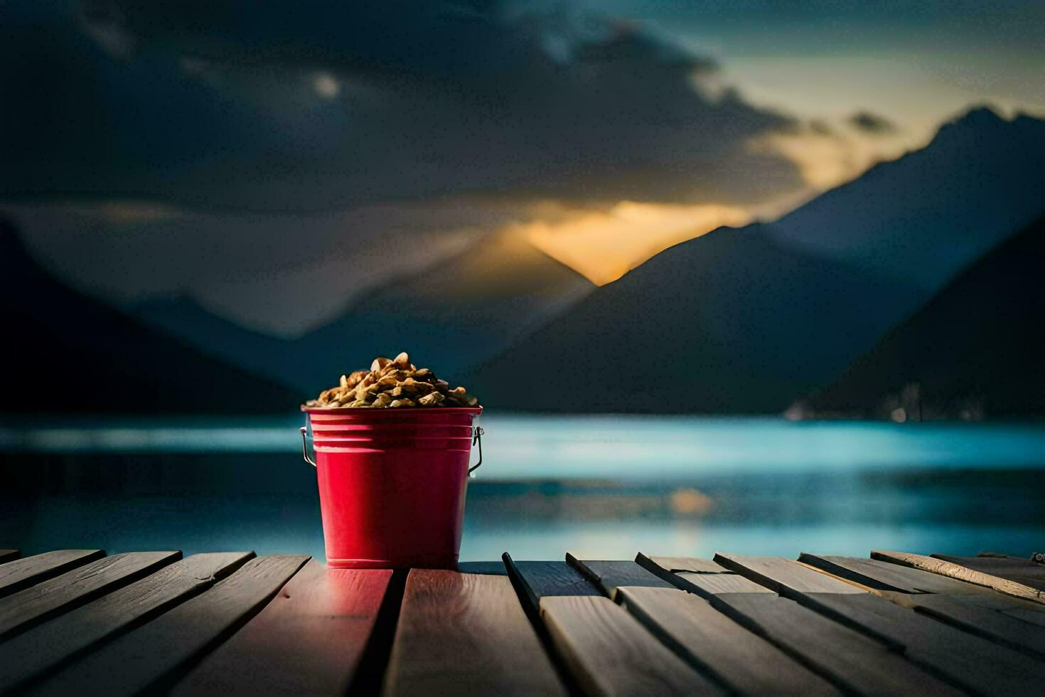 a bucket of fish on a lake. AI-Generated photo
