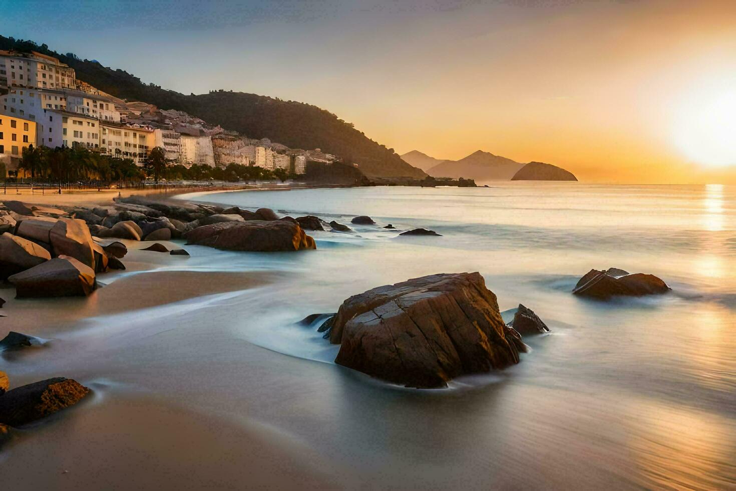 the sun sets over the beach and buildings in rio. AI-Generated photo