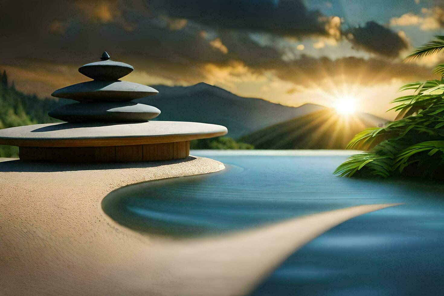 a zen garden with a stone structure in the water. AI-Generated photo