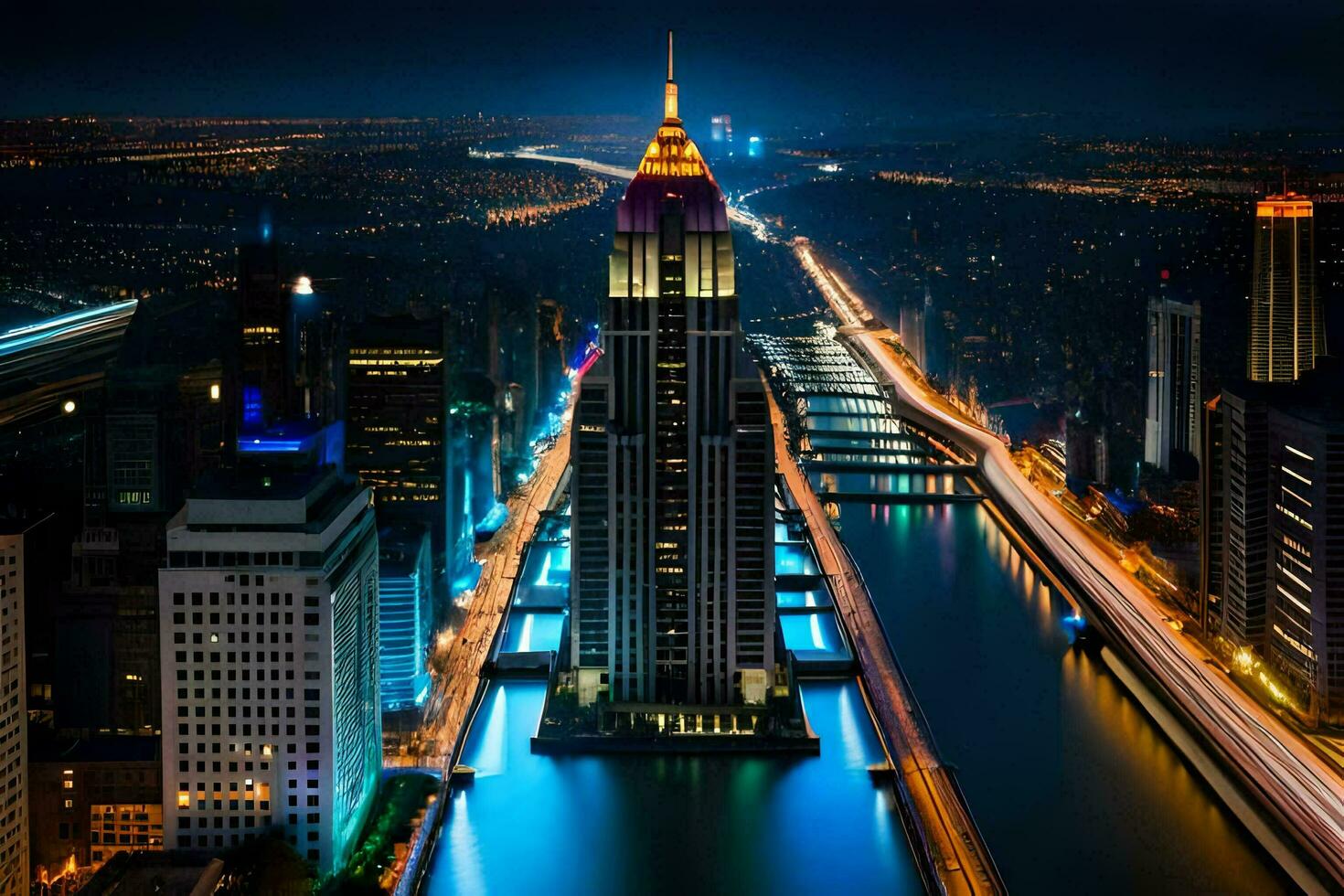 the city skyline at night with lights on. AI-Generated photo