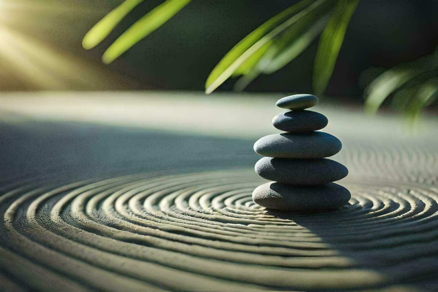 a stack of stones on a circular pattern of sand. AI-Generated photo