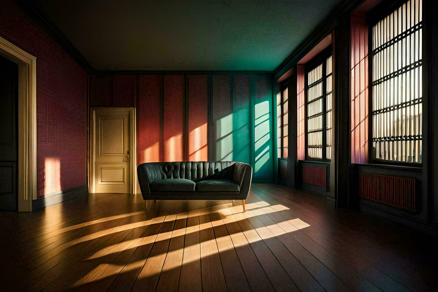 a room with a couch and windows. AI-Generated photo