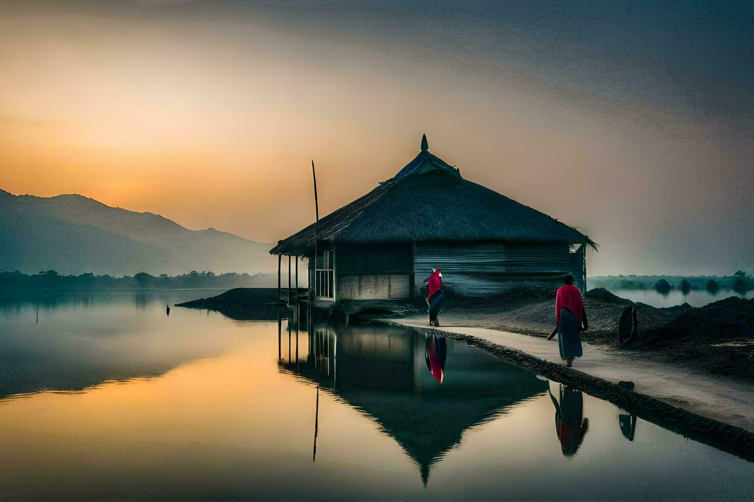 two people walk along a dock at sunset. AI-Generated photo