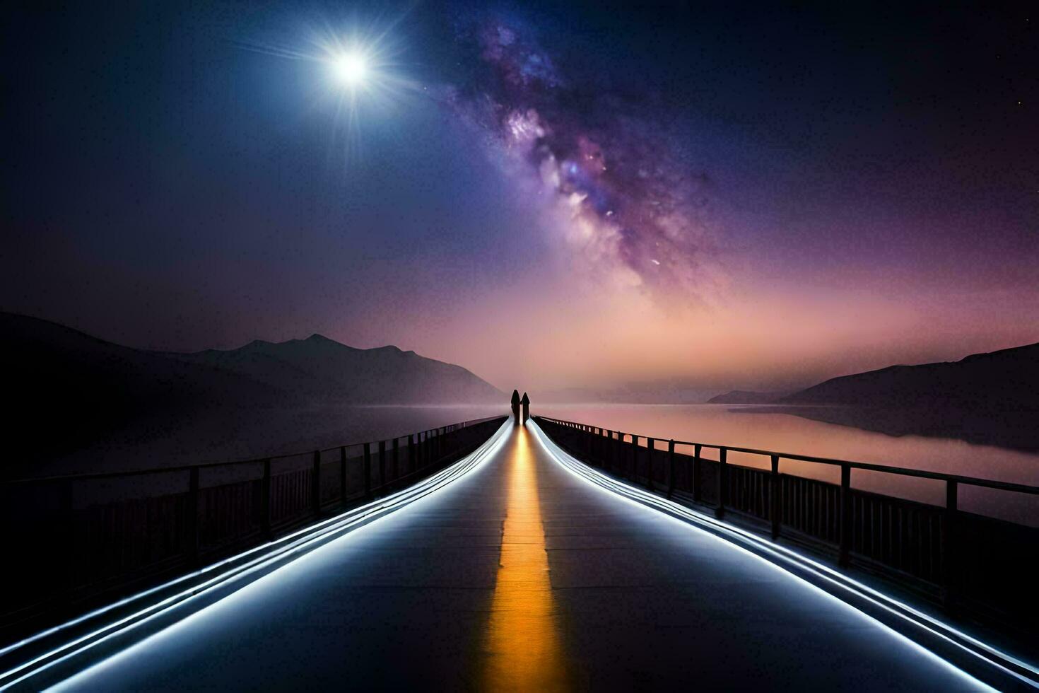 a man walks on a bridge over a lake at night. AI-Generated photo