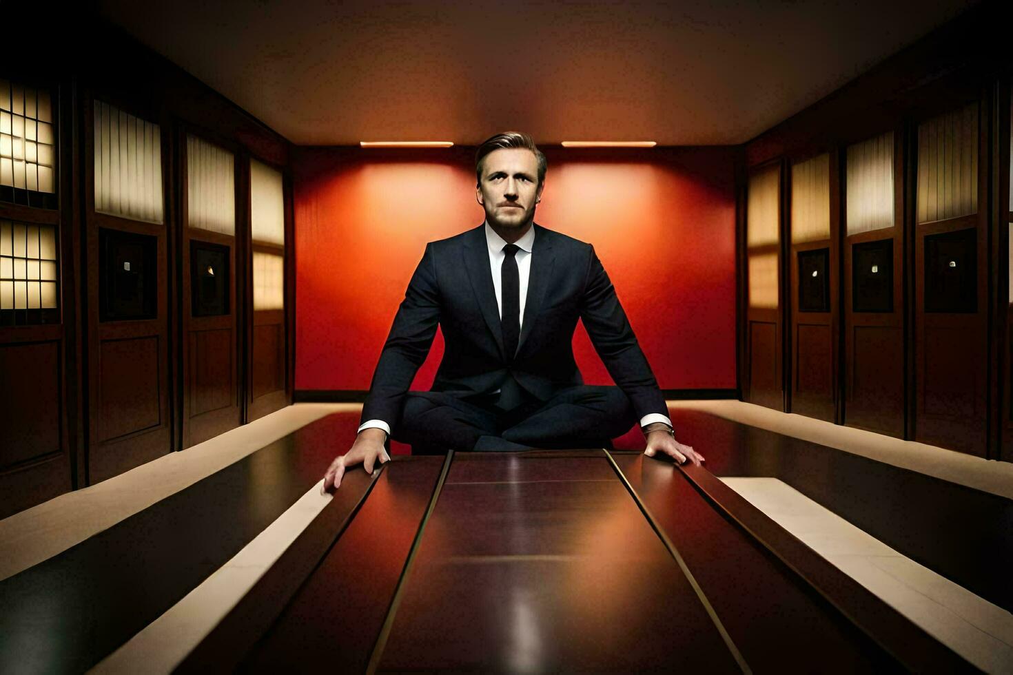 a man in a suit sitting on a table in a room. AI-Generated photo