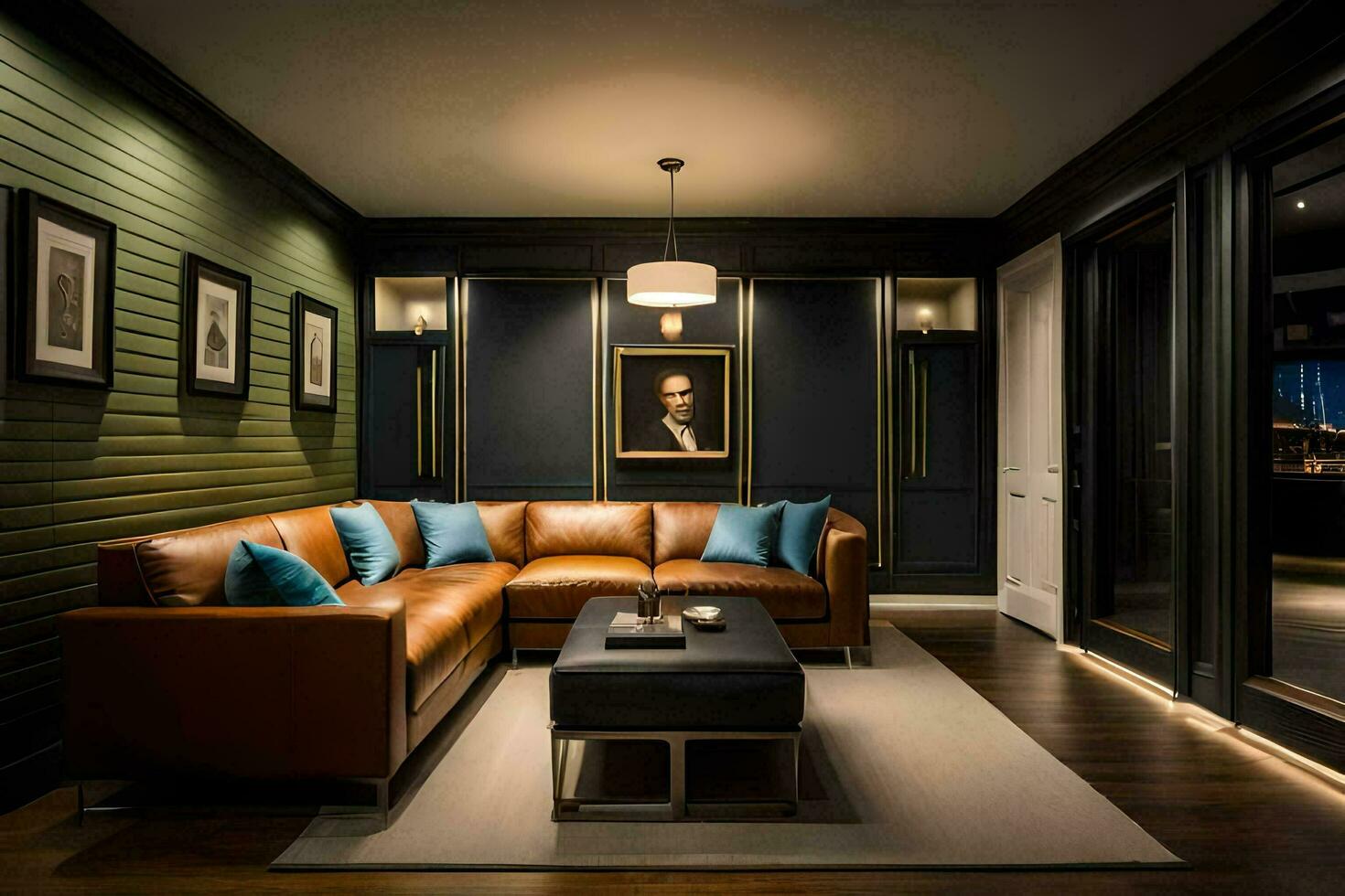 a living room with leather couches and a painting on the wall. AI-Generated photo