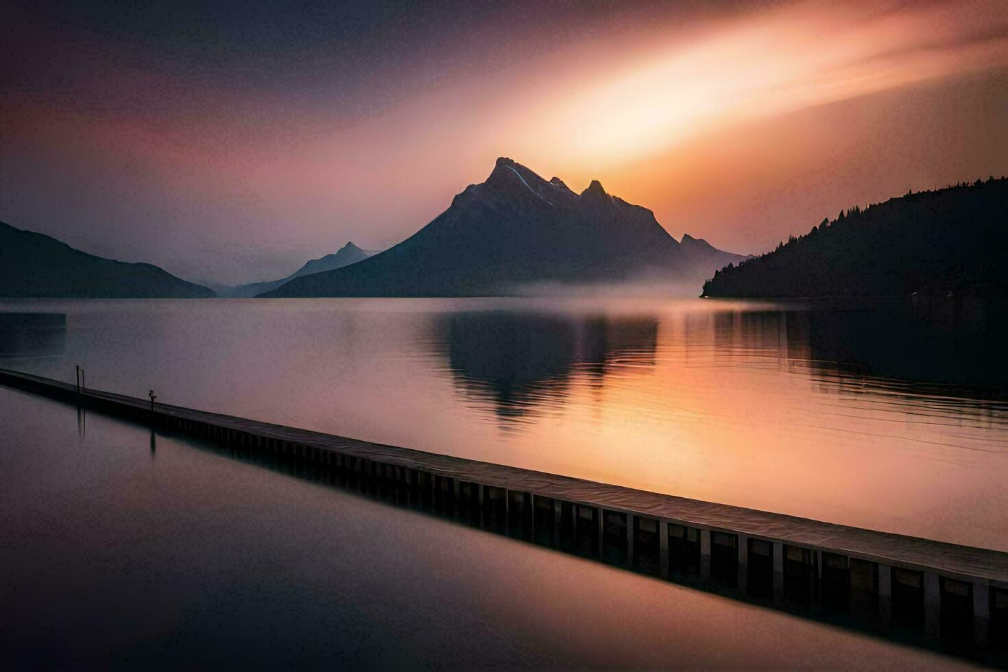 a pier in the middle of a lake with mountains in the background. AI-Generated photo