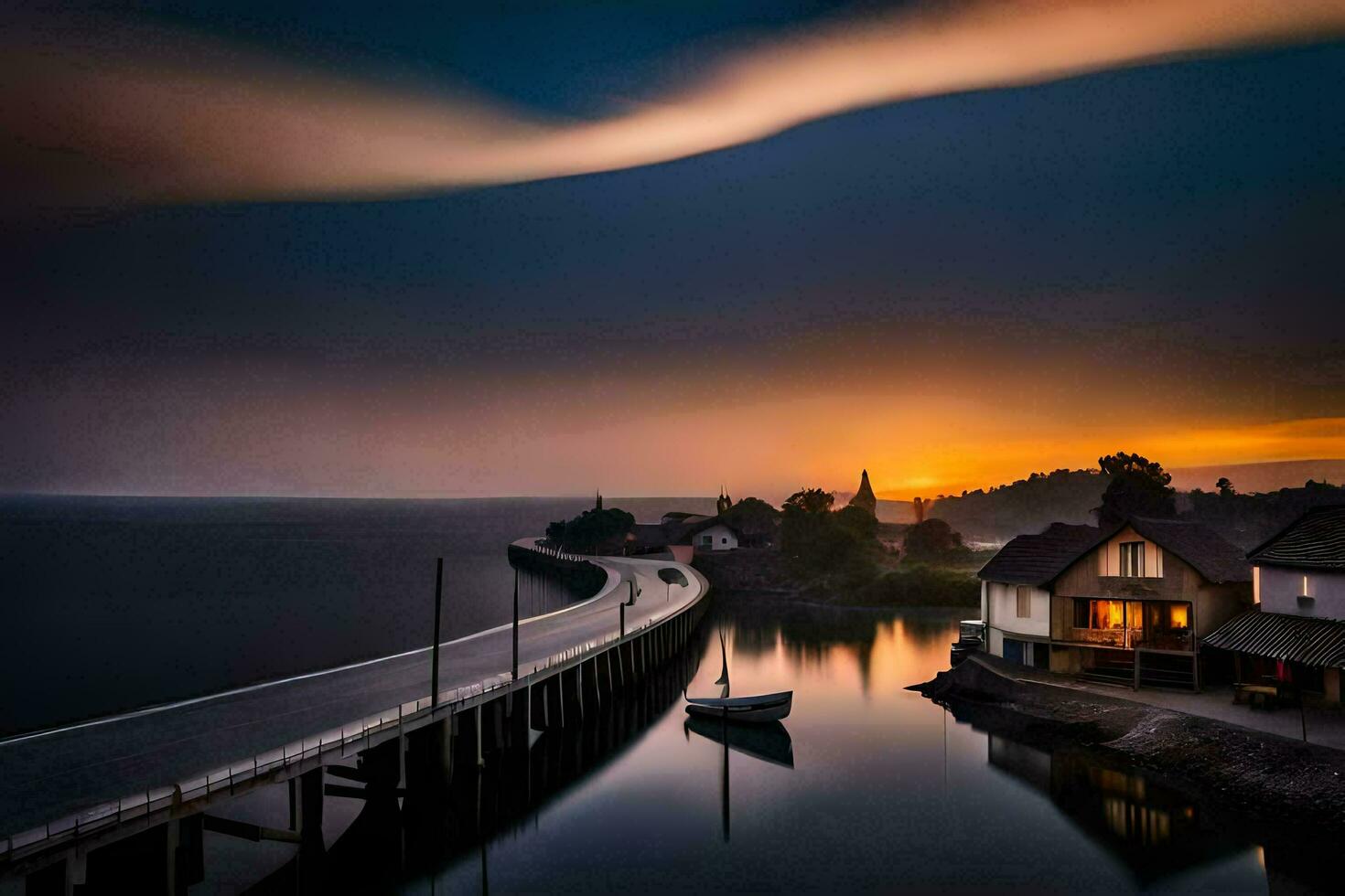 a boat is docked at the end of a pier at sunset. AI-Generated photo