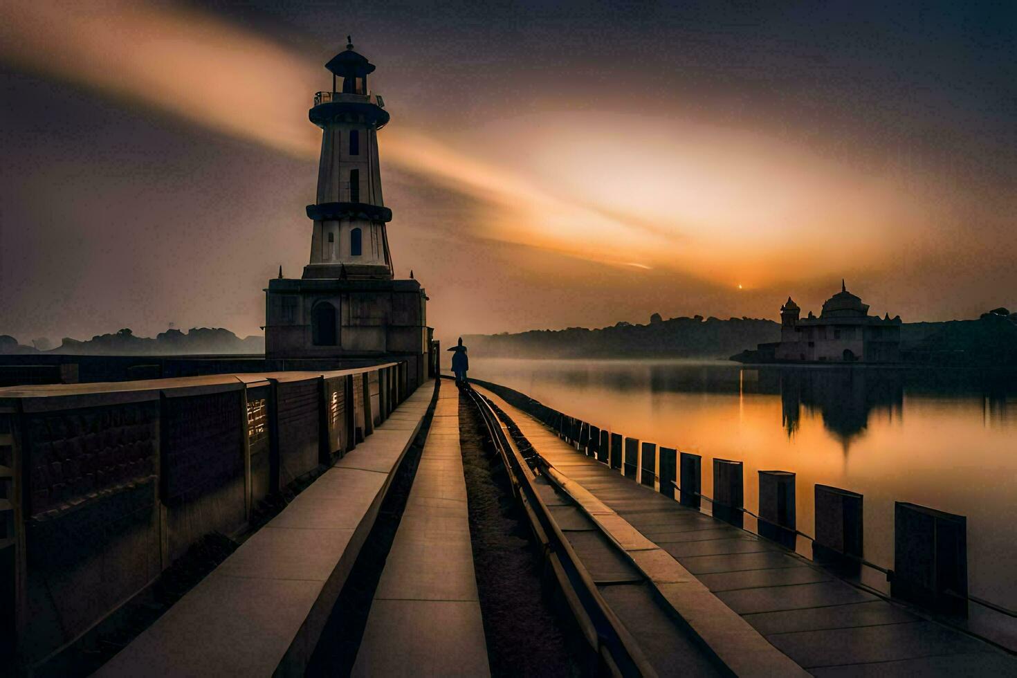 a lighthouse stands on the edge of a lake at sunrise. AI-Generated photo