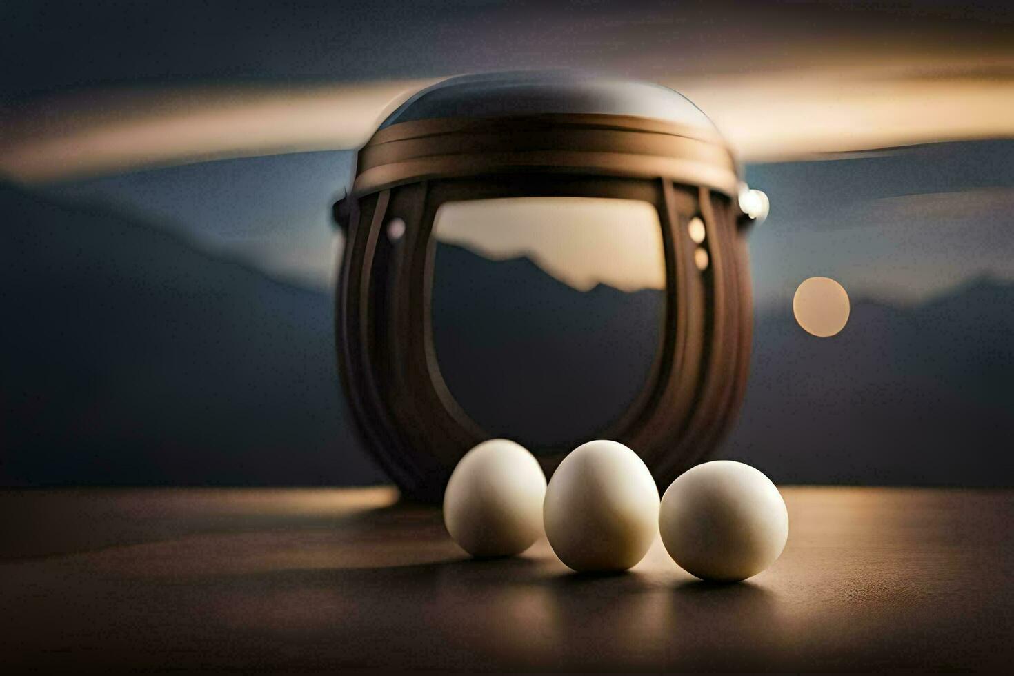 three eggs sit on a table with a hat in the background. AI-Generated photo
