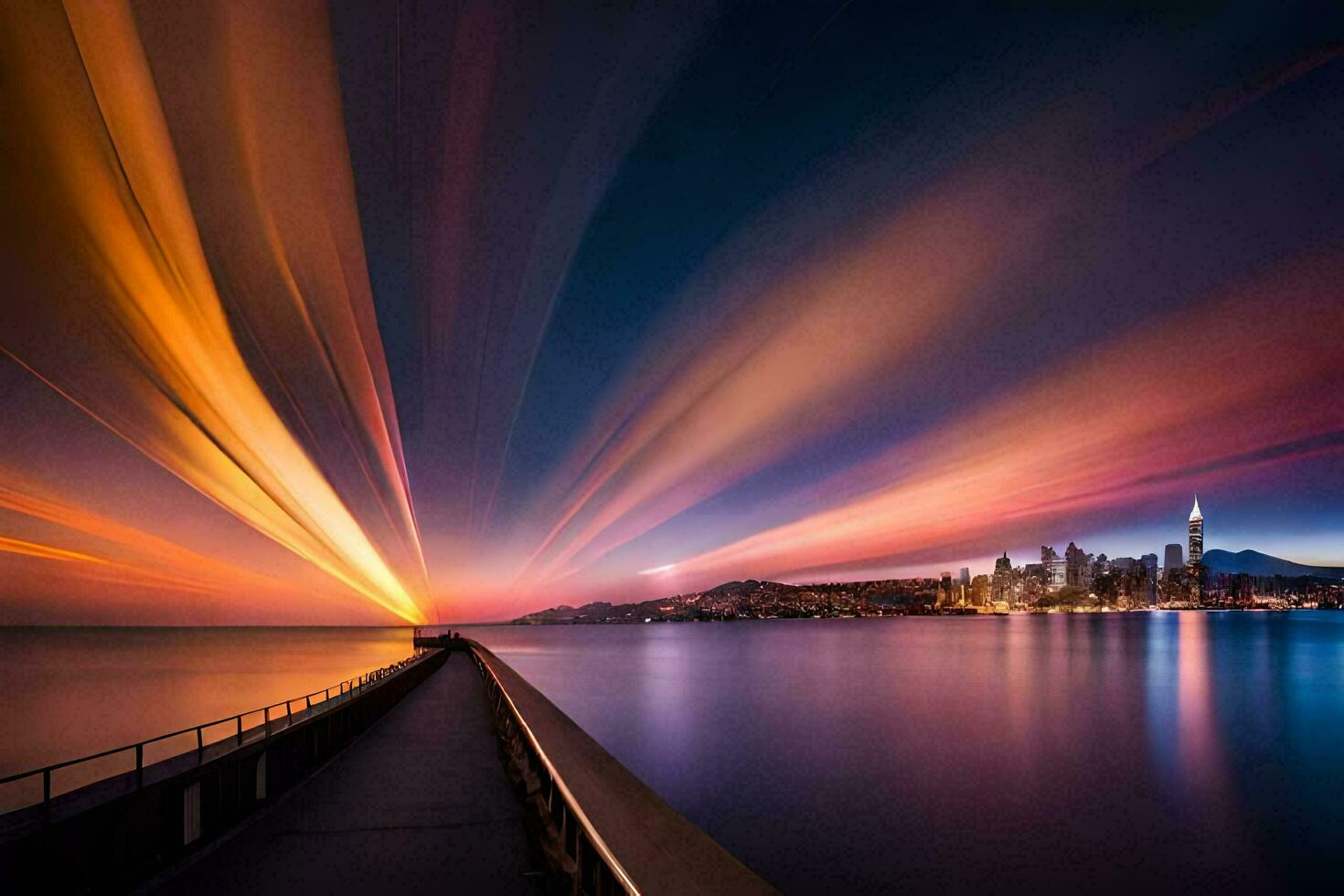 un largo exposición fotografía de un ciudad horizonte a puesta de sol. generado por ai foto