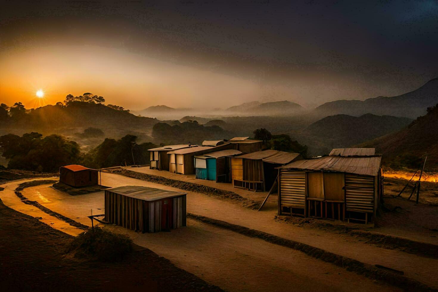a sunset over a village with wooden houses. AI-Generated photo