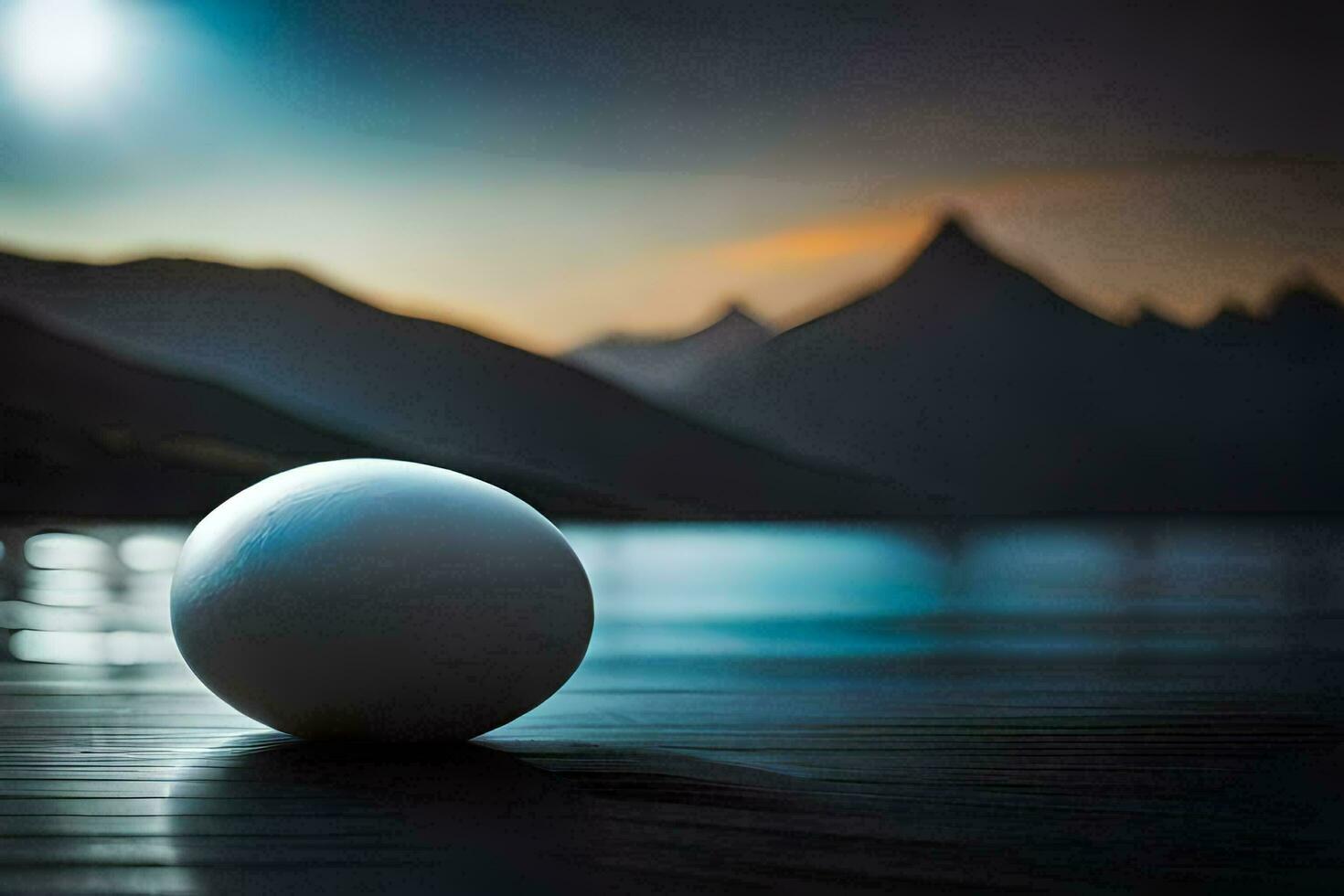 a white ball sits on a wooden table in front of a lake. AI-Generated photo