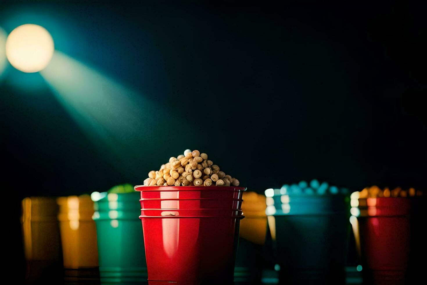 a row of colorful cups with popcorn on a table. AI-Generated photo