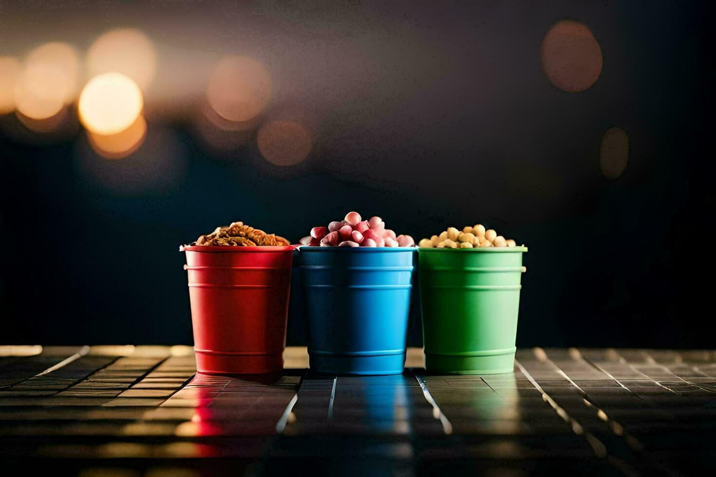 three colorful cups with different types of food. AI-Generated photo