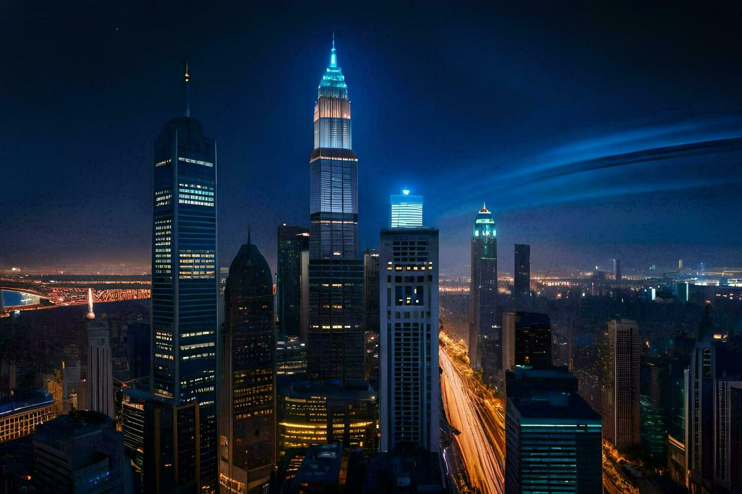 the city skyline at night with lights on. AI-Generated photo