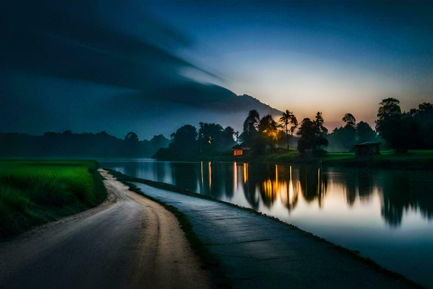 a road and a river at sunset. AI-Generated photo
